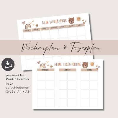 Wochenplan und Tagesplan für Kinder, Montessori inspiriert, passend für Routinekarten, druckbar in A4 und A3