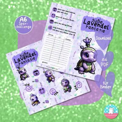 Klappkarte - süße Lavendel Fantasie - Sparchallenge mit Schildkröten- PDF A4 Download - passend für A6 Zippertaschen