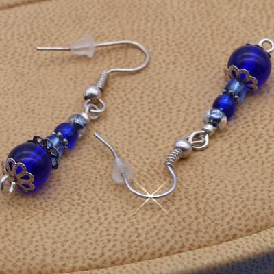 kleine Ohrhänger, Glasperlen, 4,5 cm, dunkelblau blau silber, Ohrringe, Ohrschmuck
