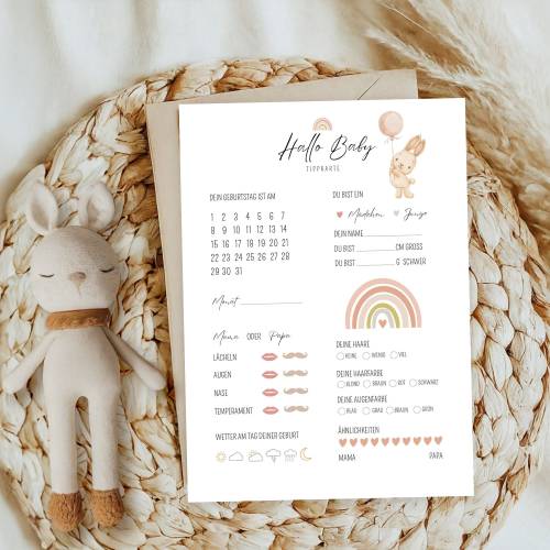 Babyparty Spiel Ausfüllkarten, Ratespiel und Wünschekarten im Boho Regenbogen Stil, PDF zum Ausdruckenen, Babypa