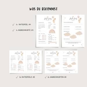 Babyparty Spiel Ausfüllkarten, Ratespiel und Wünschekarten im Boho Regenbogen Stil, PDF zum Ausdruckenen, Babypa Bild 3