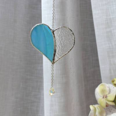 Sonnenfänger - Herz aus irisierendem Buntglas mit Glaskristall - Türkis/Transparent