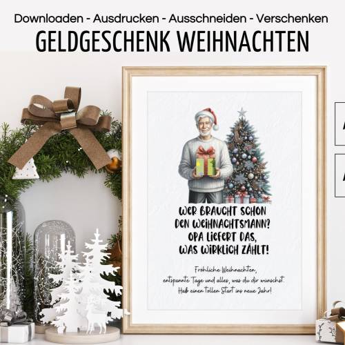 Enkelkind Teenager Geldgeschenk zu Weihnachten von Opa, Weihnachtskarte, Last Minute Geld verschenken verpacken