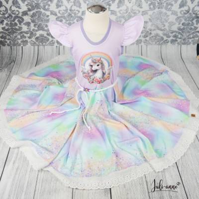 Drehkleid - Kleid mit Drehrock Einhorn Regenbogen Flieder #Einschulung