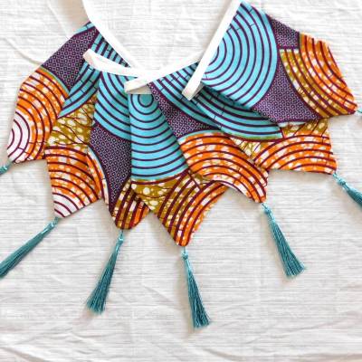 Wimpelkette, Girlande - 7 Wimpel mit Quasten, Wachsdruckstoff - türkis, orange, braun -  2,20 m