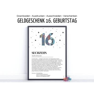 Geldgeschenk  zum 16. Geburtstag I Definition I Last Minute Idee Geld verschenken I A4 I PDF Download zum Ausdrucken