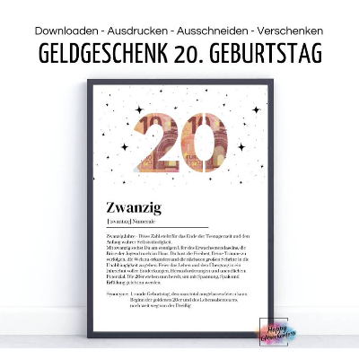 Geldgeschenk zum 20. Geburtstag, Glückwunsch Karte, Definition, 20 Jahre, zwanzig, PDF Download zum Ausdrucken