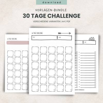 30-Tage-Challenge Vorlagen Bundle A4 zum Download | Verspieltes Printable Set im Doodle-Stil | Undatierte Tracker