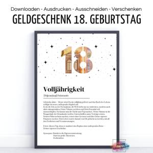 Geldgeschenk zum 18. Geburtstag, Volljährigkeit, Definition, Last Minute Idee Geld verschenken, A4 PDF Download Ausdruck Bild 1