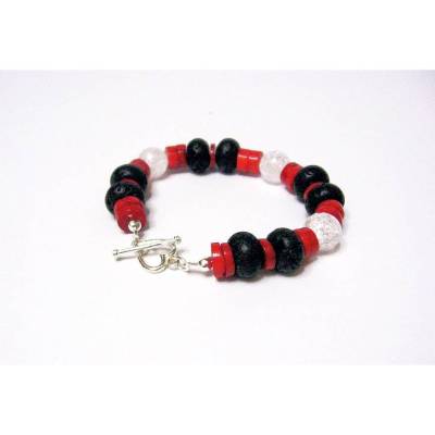 Korallen-Lava-Bergkristall Armband – Edelsteinarmband rot-schwarz mit 925 Silber Herzverschluss