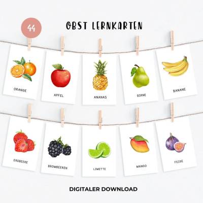 Lernkarten Obst und Früchte für Kinder, Einkaufskarten im Montessori Stil, Flashkarten Obstsorten zum Ausdrucken