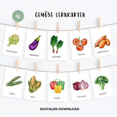 Gemüsesorten Lernkarten, Gemüse Flashcards für Kinder, Einkaufskarten für Kinder zum Ausdrucken