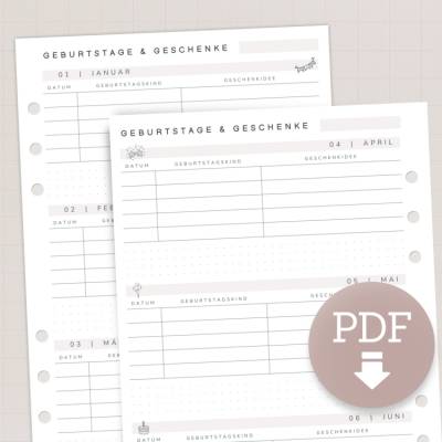 Geburtstags- & Geschenkplaner A5 | PDF Download mit 2 Varianten | Jahresübersicht zum Ausdrucken