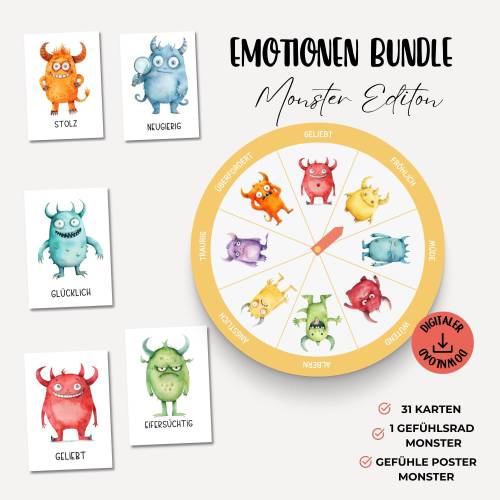 Gefühlskarten Monster für Kinder, Gefühlsrad Montessori,  Lernkarten Emotionskarten zum downloaden