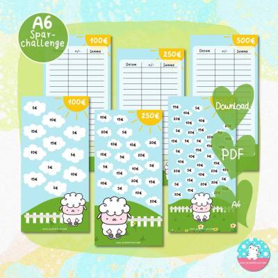 Sparchallenge Lämmchen Ikarus - Geld sparen - PDF A4 - Bundle 100 250 500 Euro