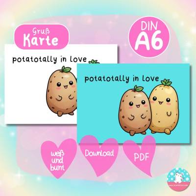 Grußkarte - potatotally in love - Kawaii Kartoffeln - PDF A4 Download - DIN A6 - Hintergrund bunt & weiß
