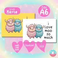 Grußkarte - I love moo so much - Kawaii Kühe - PDF A4 Download - DIN A6 - Hintergrund bunt & weiß Bild 1