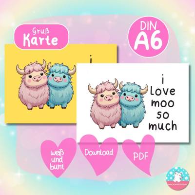 Grußkarte - I love moo so much - Kawaii Kühe - PDF A4 Download - DIN A6 - Hintergrund bunt & weiß