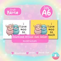 Grußkarte - I love moo so much - Kawaii Kühe - PDF A4 Download - DIN A6 - Hintergrund bunt & weiß Bild 2