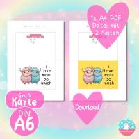 Grußkarte - I love moo so much - Kawaii Kühe - PDF A4 Download - DIN A6 - Hintergrund bunt & weiß Bild 3