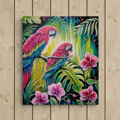 PAPAGEIEN IM DSCHUNGELLICHT – Handgemaltes Unikat mit Aras auf Leinwand 60cmx70cm