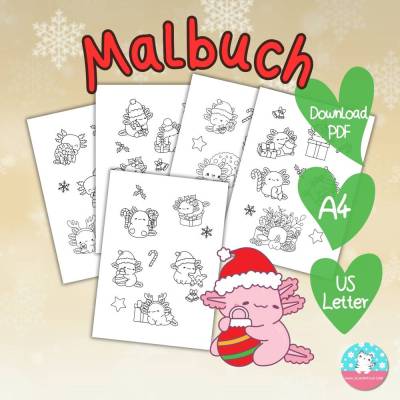 Malbuch Weihnachten Axolotl Download - PDF DIN A4 & Letter - Malvorlage mit 5 Seiten zum selber ausdrucken und ausmalen