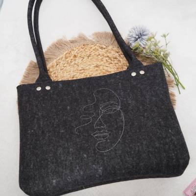 Filztasche Shopper mit Gesichtssilhouette – Umhängetasche aus 100% Wolle, anthrazit/hellgrau, 33x26x7,5cm