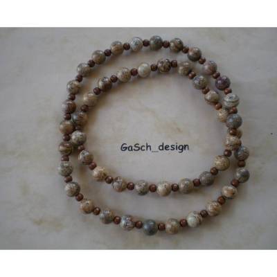 Herrenkette, Fädelkette, gefädelte Perlenkette * Halbedelsteine und Holzperlen * 54 cm