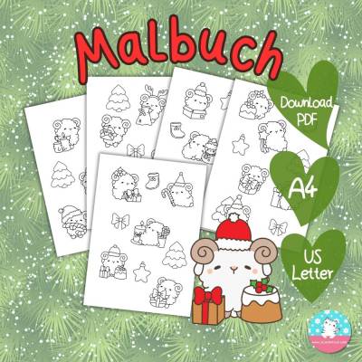 Malbuch Weihnachten Schaf Download - PDF DIN A4 & Letter - Malvorlage mit 5 Seiten zum selber ausdrucken und ausmalen