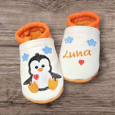 Lederpuschen Krabbelschuhe Hausschuhe Personalisierbar Pinguin