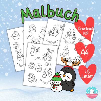 Malbuch Weihnachten Pinguin Download - PDF DIN A4 & Letter - Malvorlage mit 5 Seiten zum selber ausdrucken und ausmalen