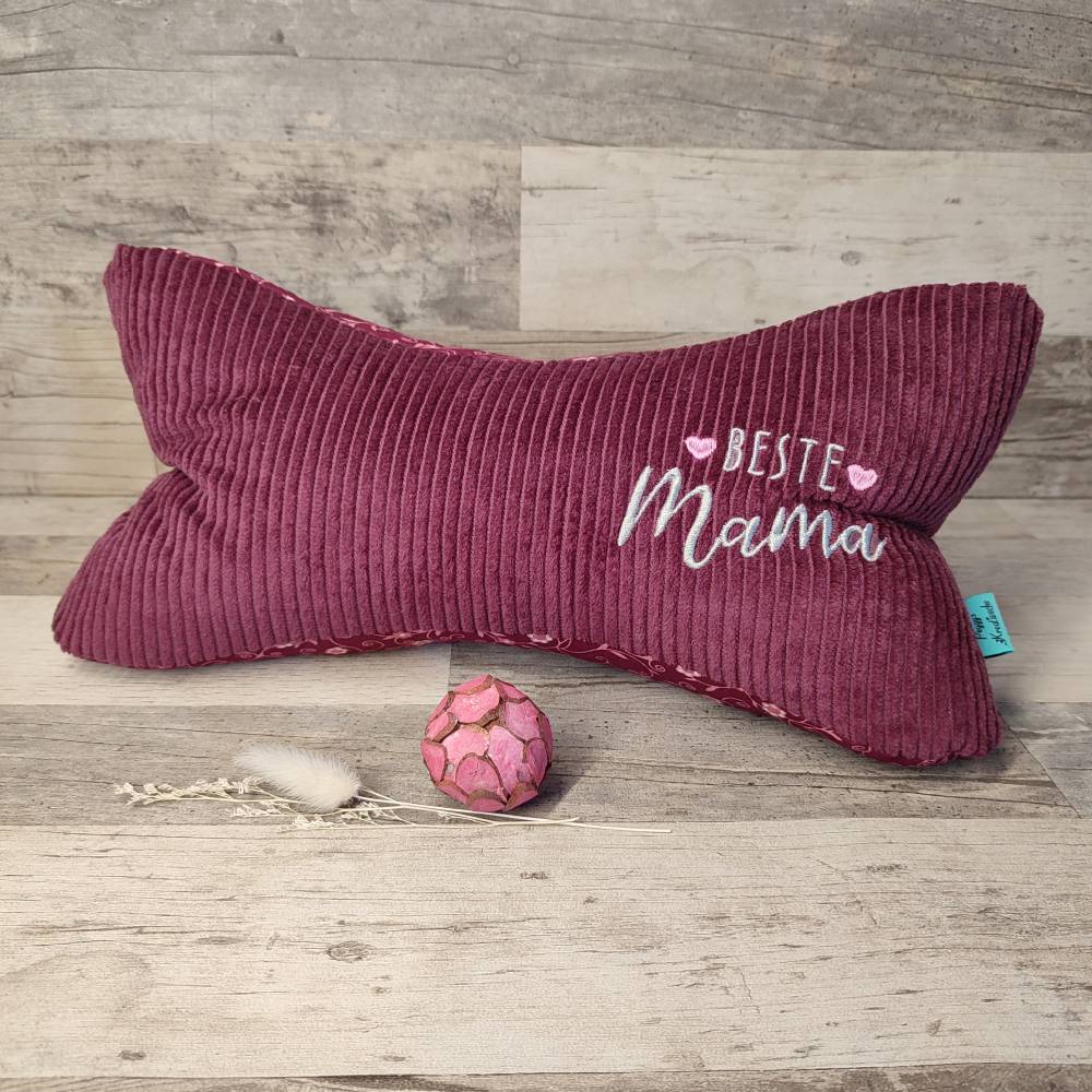 Leseknochen „beste Mama“ – Edles Nackenkissen aus Cord und Blumenstoff