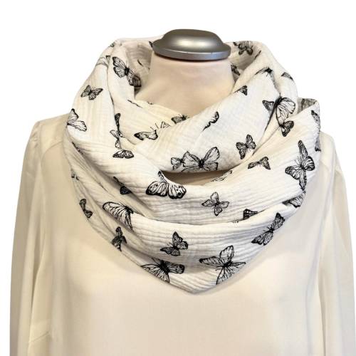 Loopschal aus Musselin in weiß mit schwarzen Schmetterlingen für Damen - Schlauchschal