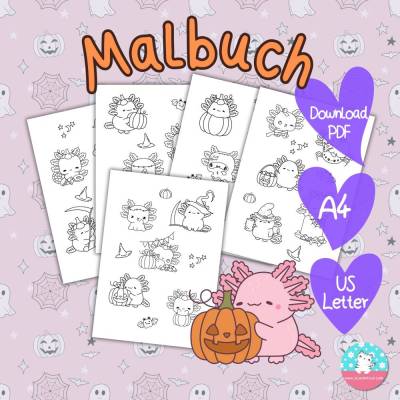 Malbuch Halloween Axolotl Download - PDF DIN A4 & Letter - Malvorlage mit 5 Seiten zum selber ausdrucken und ausmalen
