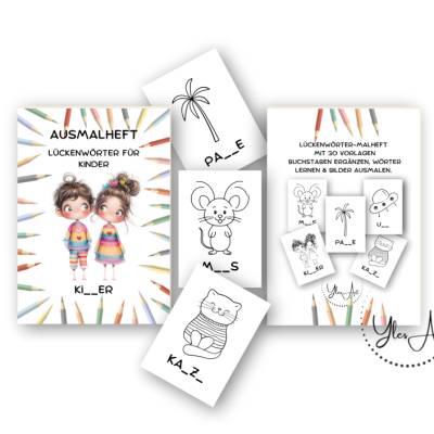 Lückenwörter - Malheft/Malvorlagen – 30 kreative Vorlagen zum Lernen & Ausmalen - digitaler Download