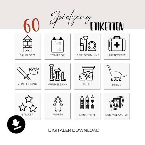 Spielzeug Etiketten zur Organisation von Spielsachen – Minimalistische Montessori-inspirierte Aufbewahrungs-Sticker für 