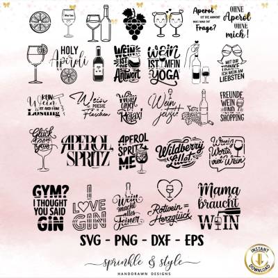 Deutsche Plotterdatei Getränke XL Bundle, Aperol svg, Alkohol, Gin, Silhouette, Cricut, Kaffee png, Wein Digistamp, Lase