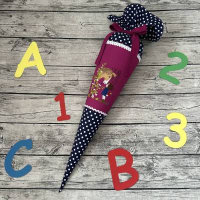 wunderschöne Schultüte aus Stoff in Beere & Dunkelblau mit Pferd & Mädchen