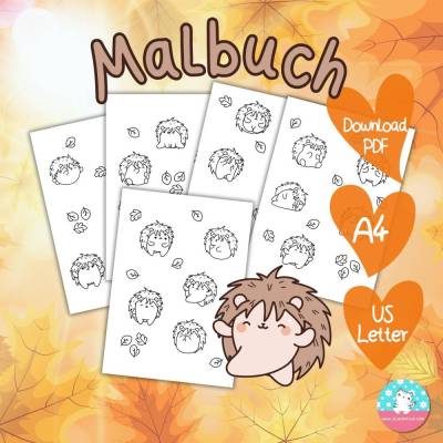 Malbuch Igel Download - PDF DIN A4 & Letter - Malvorlage mit 5 Seiten zum selber ausdrucken und ausmalen