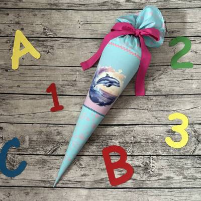 wunderschöne Schultüte Zuckertüte in türkis-rosa mit Meerestieren Delfine