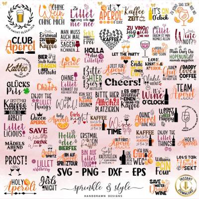 Deutsche Plotterdatei Getränke XL Bundle, Aperol svg, Alkohol, Gin, Silhouette, Cricut, Kaffee png, Wein Digistamp, Lase