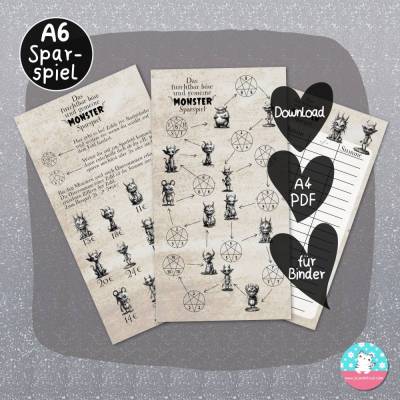 Sparspiel -furchtbar böse und gemeine Monster- Download - PDF A4 - Spiel Anleitung Tracker - für A6 Zippertaschen