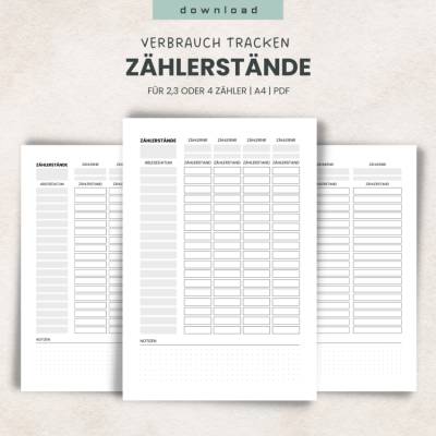 Zählerstände notieren - PDF-Vorlage zum Ausdrucken | Verbrauch dokumentieren für Strom, Wasser & Gas