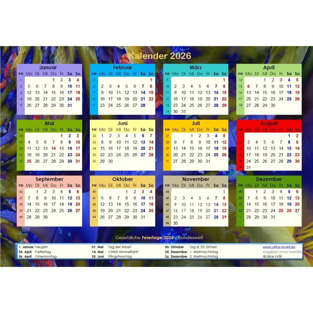 Ihr Jahreskalender 2026 auf einen Blick mit Blue Lights PDF – DIN A4 zum Ausdrucken Bild 1