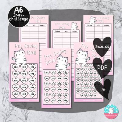 Haustier Challenge - Geld sparen - PDF A4 - Sparvorlage Katze - Set 150 300 750 - Umschlagmethode