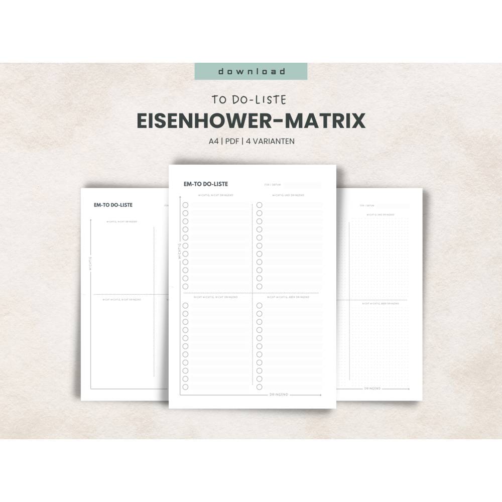 To Do-Liste mit Eisenhower-Matrix - Aufgaben priorisieren und produktiver werden - 4 PDF-Printables zum Ausdrucken Bild 1