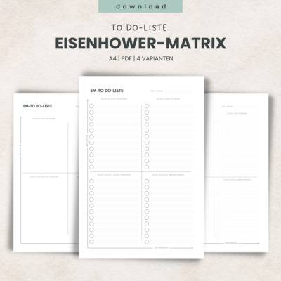 To Do-Liste mit Eisenhower-Matrix - Aufgaben priorisieren und produktiver werden - 4 PDF-Printables zum Ausdrucken