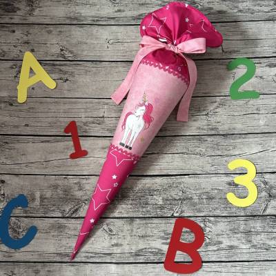 zauberhafte Schultüte / Zuckertüte in Pink mit Sternen mit Einhorn Motiv Herzen Glitzer