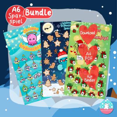 Sparspiel Bundle Weihnachten Download - PDF A4 - Spiel Anleitung Tracker - für A6 Zippertaschen - 3 Kawaii Sparspiele