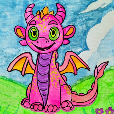 Fröhlicher Drache – Acrylbild mit UV-Effekt & Glitzer | Magische Kunst auf Leinwand